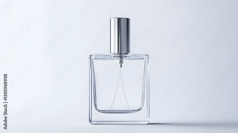 Poster minimalist glass perfume bottle with a blank matte finish and silver atomizer showcasing a sophistic