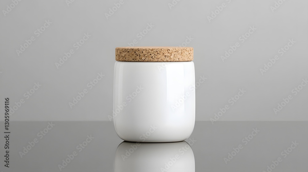Poster Minimalist White Ceramic Jar with Cork Lid Displayed on a Reflective Surface in a Clean Simple Studio Setup