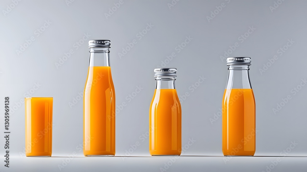 Poster Minimalist glass juice bottle with a matte finish and a clean silver cap displayed on a neutral gray background  The simple and elegant design creates a serene and modern composition
