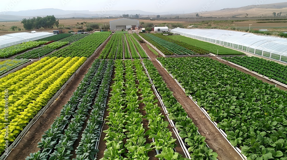 Poster overhead drone shot of a large scale greenhouse complex with geometric symmetry and meticulously org