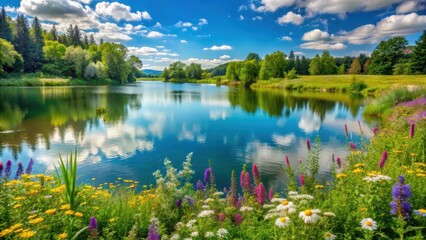 Obraz premium Serene lake with lush greenery and vibrant wildflowers surrounding it in summer , Summer, Lake Landscape