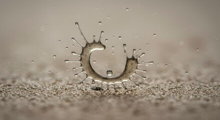 Water Drop Splash: An ethereal water drop explodes in a crown of sparkling droplets, creating an abstract,  circular formation with a textured, gray background.
