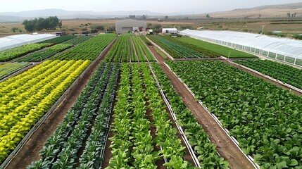 Overhead drone shot of a large scale greenhouse complex with geometric symmetry and meticulously organized rows of various crops vegetables
