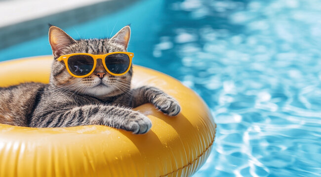 Cool Cat Poolside: A tabby cat wearing yellow sunglasses relaxes in a yellow inflatable ring floating in a swimming pool, enjoying a day of summer fun and relaxation.