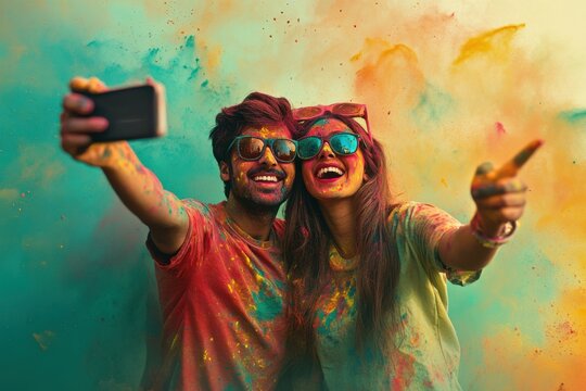 Holi Rang Panchami Portrait of Indian Couple man and woman enjoying in color powder in air surrounding environment, festive wedding couple. happy, dancing, bride groom, Festival of colors, candid