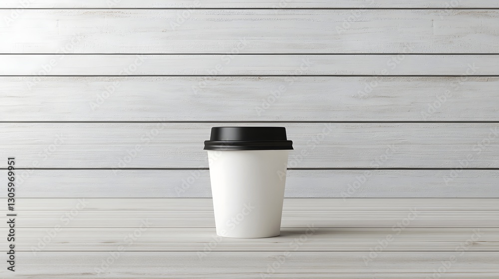 Poster photo of a blank white paper coffee cup with a black lid placed on a plain wooden surface this minim