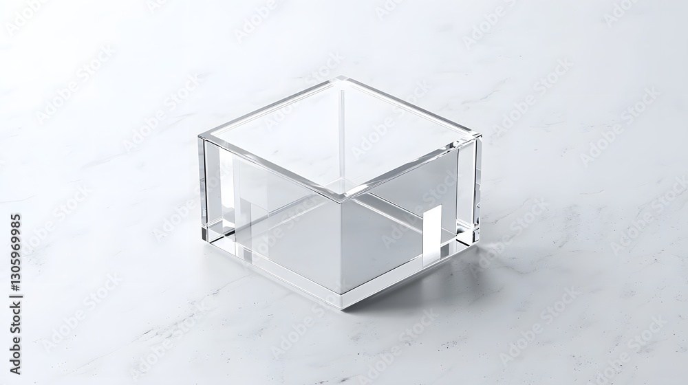 Poster photo of a clear acrylic cube shaped box displayed on a white marble surface in a minimalist modern 