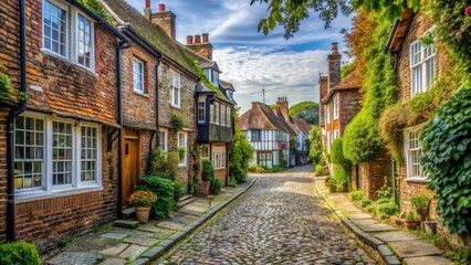 Fototapeta premium cobblestone street with old buildings and trees in Rye town center, england, cobbled streets