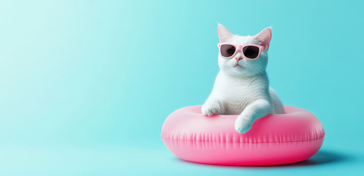 Cool Cat in Summer: A stylish white cat wearing sunglasses lounges comfortably in a pink inflatable ring against a vibrant turquoise background.  The scene evokes a fun, summery vibe.