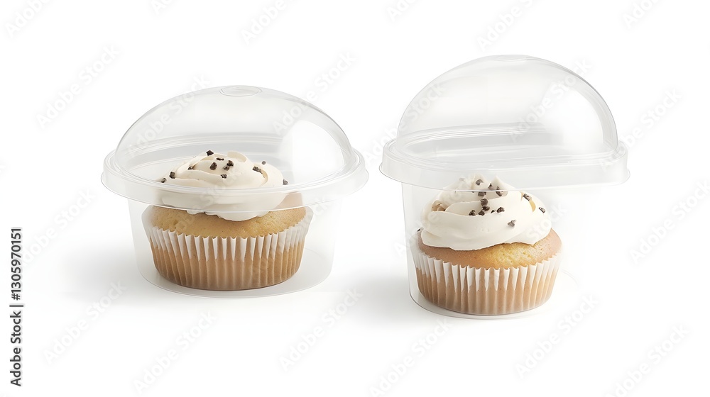 Poster photo of a clear plastic cupcake container with a dome shaped lid showcasing the dessert against a p