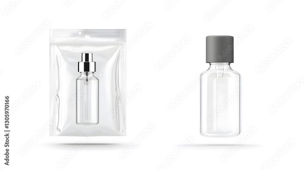 Aufkleber photo of a clear plastic refill pouch with a matte spout cap floating on a plain white background mi