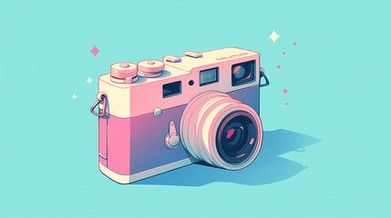 Fototapeta premium A vibrant retro camera with a pastel color scheme, set against a bright blue background with sparkles