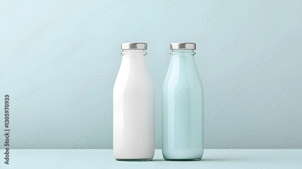 Poster photo of a frosted glass milk bottle with a minimal rounded body and a silver twist off lid the clea