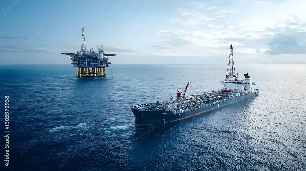 Aufkleber photo of a fuel barge refueling a distant offshore oil platform in the open sea the platform is visi