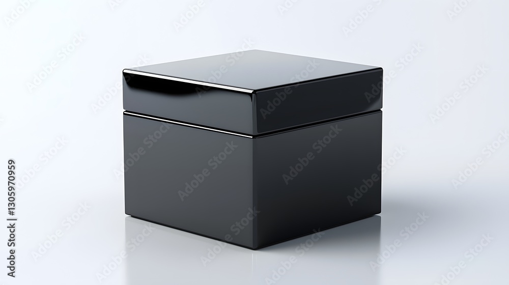 Poster photo of a glossy black square box with a smooth highly reflective surface displayed in a minimalist studio setting with clean simple background  This elegant