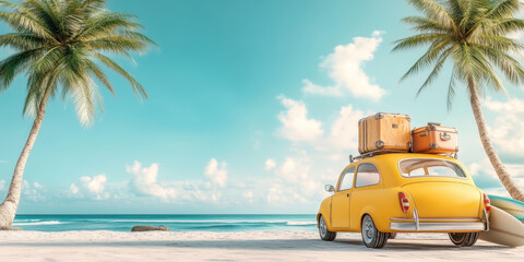 Adventure Awaits: A vibrant yellow car packed with luggage is parked on a pristine beach, framed by lush palm trees and turquoise waters, beckoning you to escape for some sun-soaked adventures.