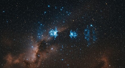 Obraz premium Celestial Tapestry: Captivating view of a cluster of vibrant blue stars and cosmic clouds shimmering in the infinite dark of space, evoking a sense of awe and wonder.