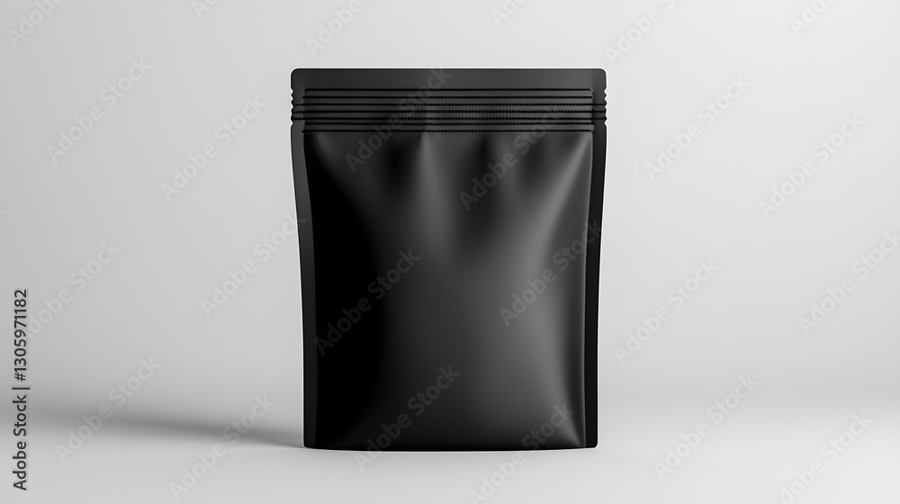 Poster photo of a matte black flat pouch with a smooth premium texture displayed against a light gray backd