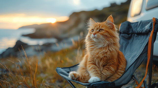 Camp Cat: A fluffy ginger cat sits regally on a camping chair by the serene coast. The image captures a perfect blend of the pet's gentle nature and the tranquil allure of the outdoors at dusk.