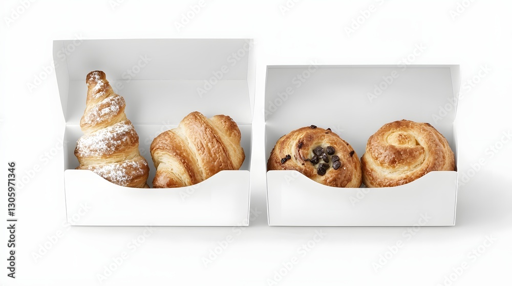 Poster photo of a matte white pastry box with a foldable design and a window cutout showcasing a clean and 