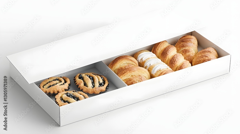 Aufkleber photo of a matte white pastry box with a foldable design and a window cutout showcasing a clean and 