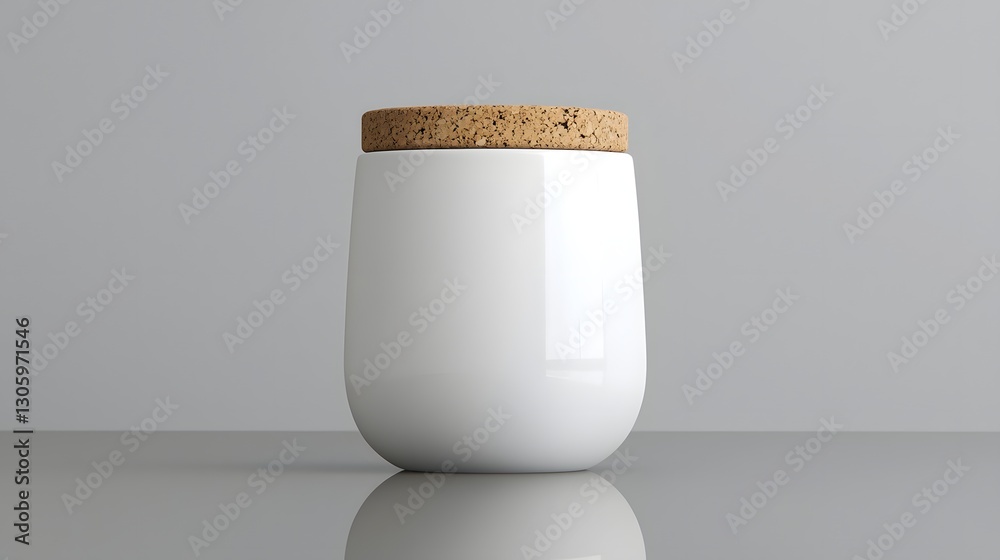 Poster photo of a modern minimalist white ceramic jar with a cork lid resting on a reflective surface the s