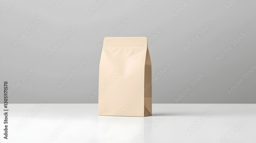 Aufkleber photo of a neutral beige matte stand up pouch with a minimalist design placed on a clean white surfa