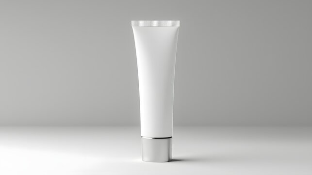 photo of a minimalist white cosmetic tube with a matte texture and a silver twist cap  The simple clean design showcases the beauty product packaging for skincare haircare