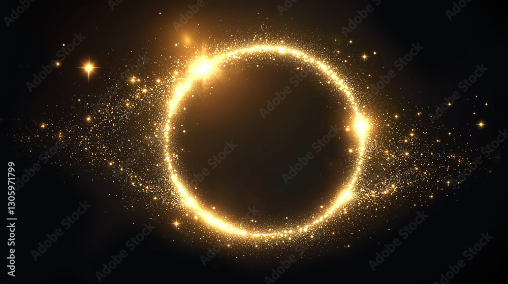 Wall mural abstract gold glowing ring of light with particles, light eye，abstract light lines of movement and s