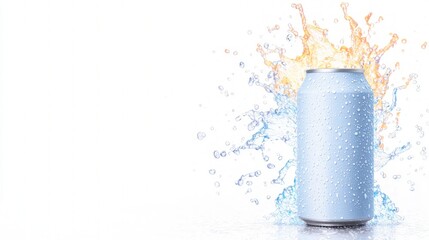 Refreshing Aluminum Can with Water Splash  Beverage Mockup