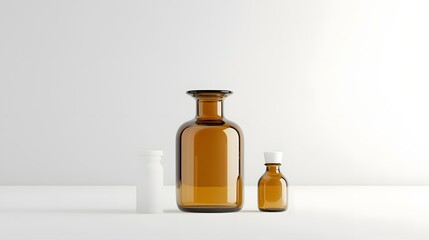 photo of a round amber glass bottle with a classic apothecary style design and no labels  The bottle has a vintage traditional look and would make a great prop or for beauty health