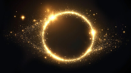 Abstract gold glowing ring of light with particles, light eye，Abstract light lines of movement and speed. Light ellipse. Galaxy Glint. Glowing podium. Space tunnel. Light everyday glowing effect