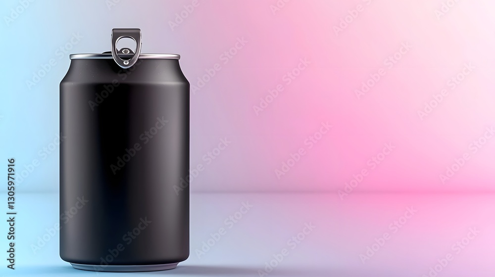 Poster photo of a slim matte black energy drink can with a glossy pull tab isolated on a vibrant gradient b