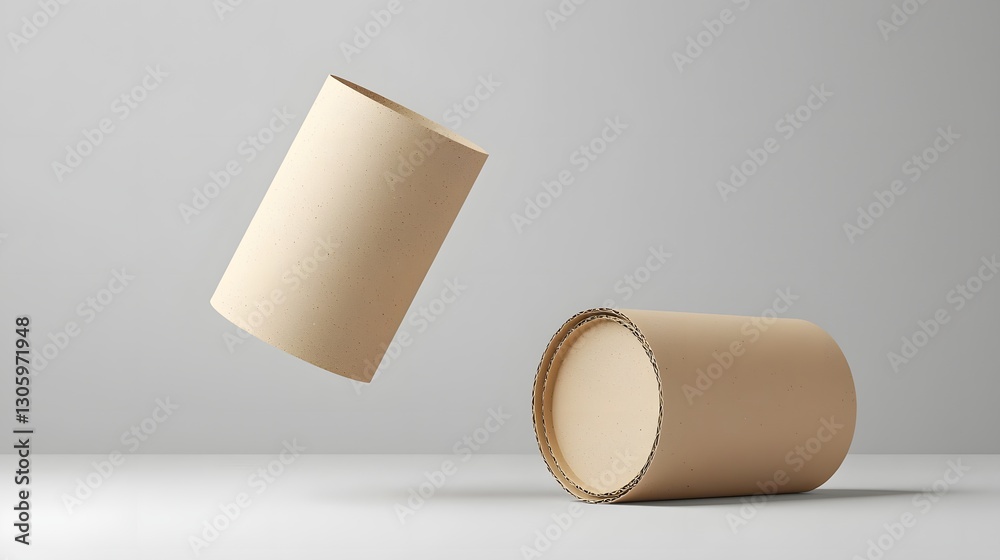 Poster photo of a smooth matte finish kraft cardboard cylinder container floating on a plain grey backgroun