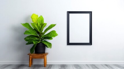 Fototapeta premium Minimalist Interior Blank Frame Fiddle Leaf Fig Wooden Stool