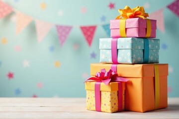 Fototapeta premium A stack of festively wrapped presents with vibrant ribbons sits on a wooden surface against a pastel background adorned with celebratory bunting.