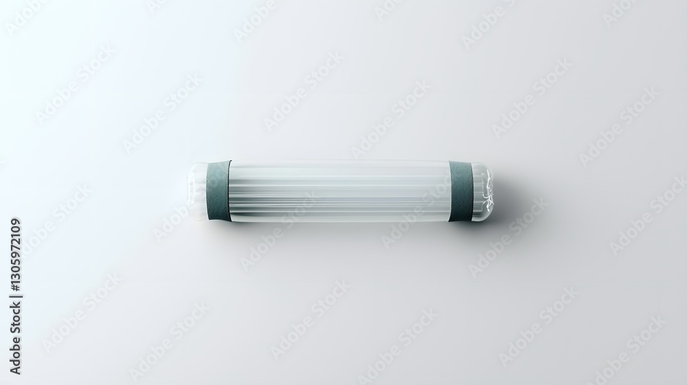 Poster photo of a transparent plastic straw encased in a minimalist wrapper sealed on both ends isolated on
