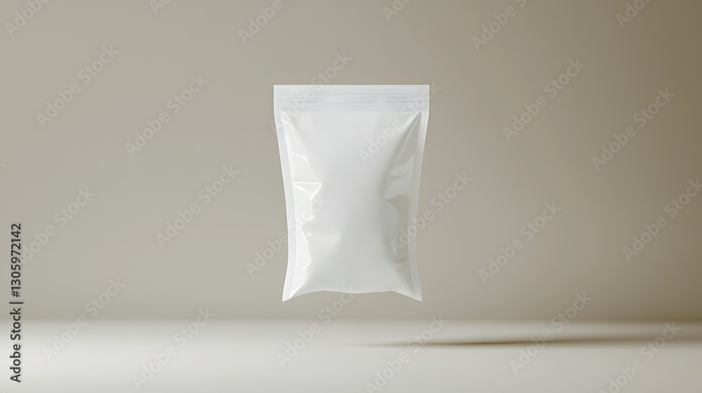 Poster photo of a transparent refill pouch with a smooth curved spout floating against a neutral white back