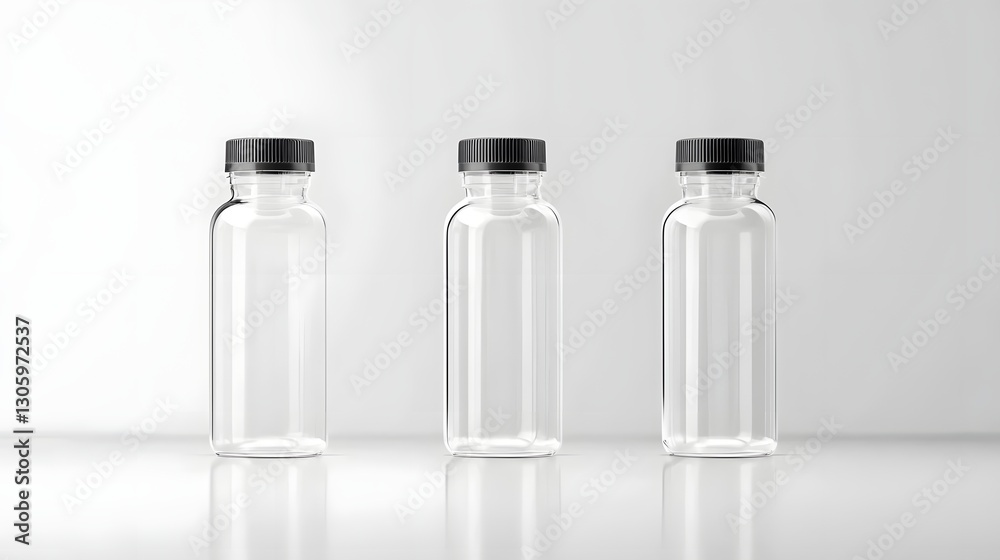 Poster photograph of a clear pet plastic squeeze bottle with a flip top cap on a simple gray and white back