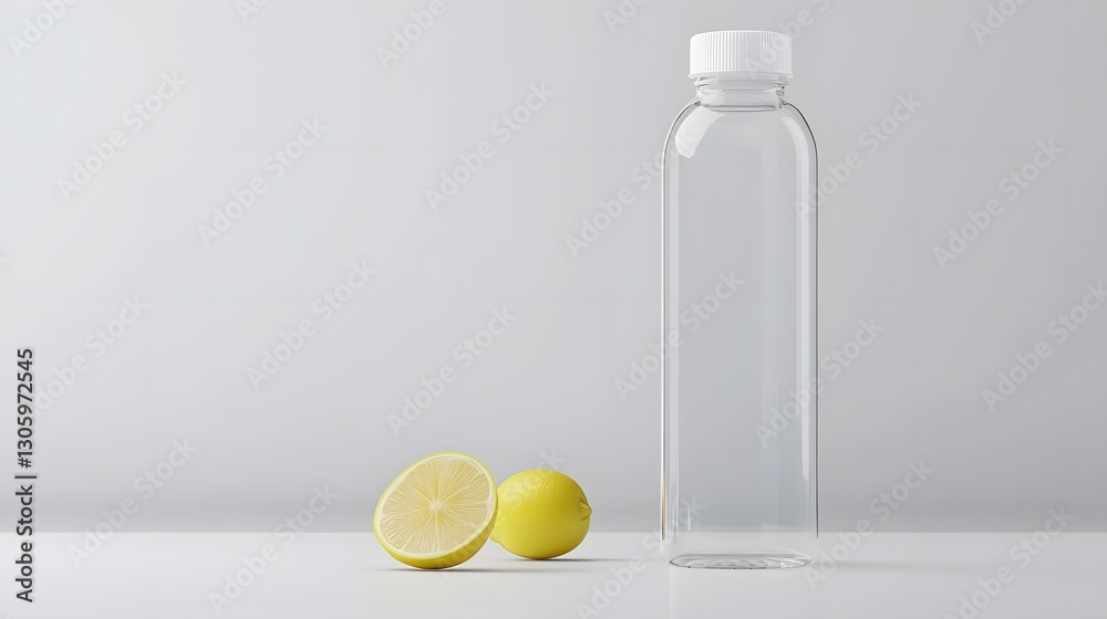 Poster photograph of a clear plastic condiment squeeze bottle with a plain white cap isolated on a simple w