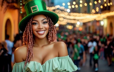 St. Patrick's Day portrait of a happy Afro-Latina woman with ombre rose gold box braids cascading down her shoulders, wearing a light green off-shoulder blouse with ruffle details