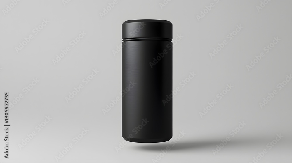 Poster photograph of a matte black metal tea tin with a seamless cylindrical shape floating against a plain