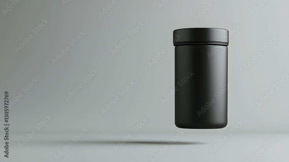 Aufkleber photograph of a matte black seamless cylindrical tea tin container floating on a simple clean grey b
