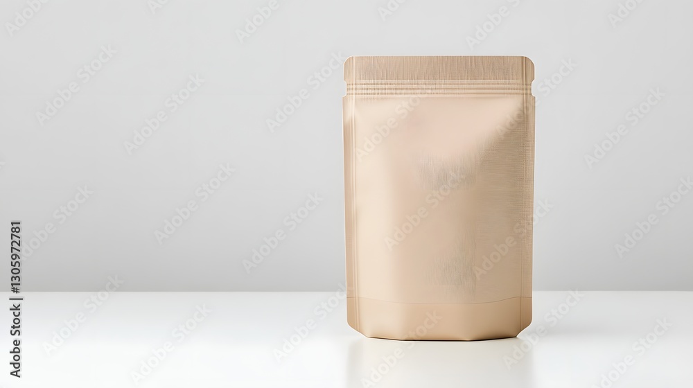 Poster photograph of a matte stand up pouch in a neutral beige color with a minimalist design placed on a clean white surface showcasing a simple