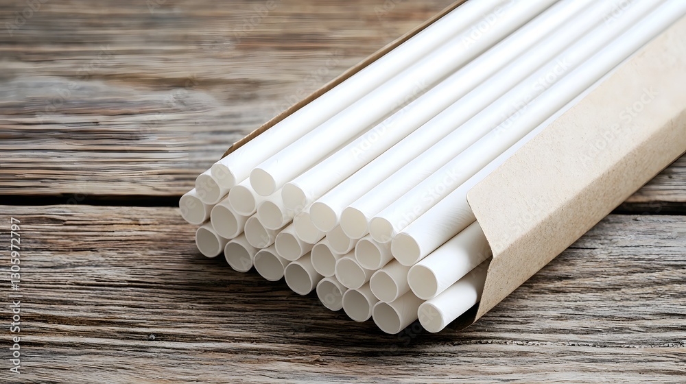 Poster photograph of a matte white paper straw resting inside a simple unbranded paper sleeve on a flat woo