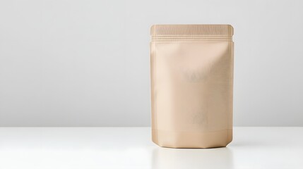 photograph of a matte stand up pouch in a neutral beige color with a minimalist design placed on a clean white surface showcasing a simple