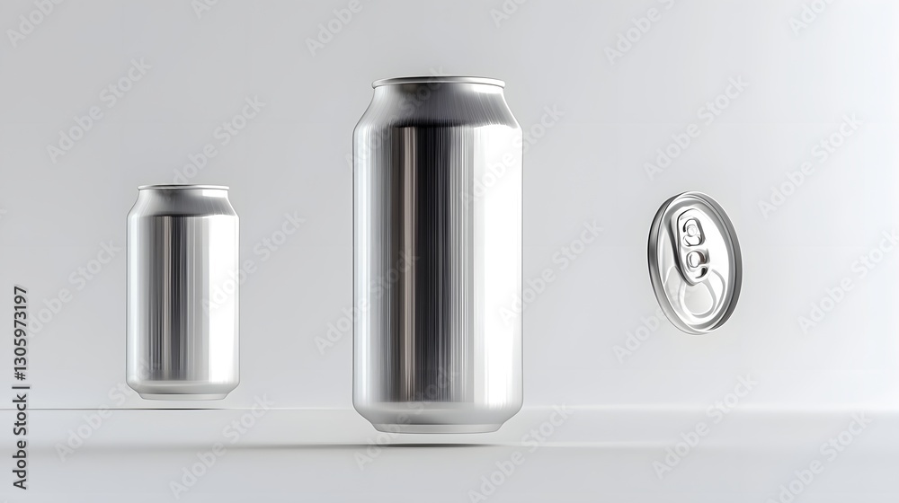 Poster photograph of a stainless steel beverage can with a brushed metal texture floating against a plain m