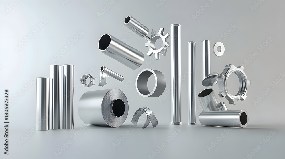Aufkleber photograph showcasing a matte silver aluminum tube or pipe floating against a plain light grey studi