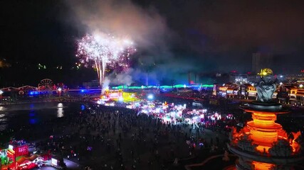 Celebration of spring at the vibrant lantern festival with aerial views of fireworks and festivities in the lively city