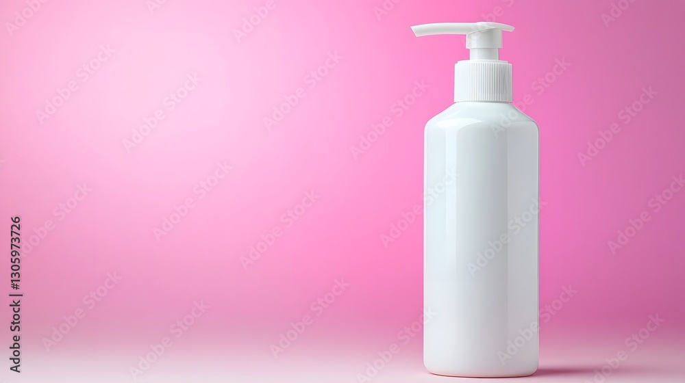 Poster photographic image of a matte white plastic pump bottle with a clean cylindrical shape floating on a soft gradient background  The minimalist design and premium packaging creates a high end